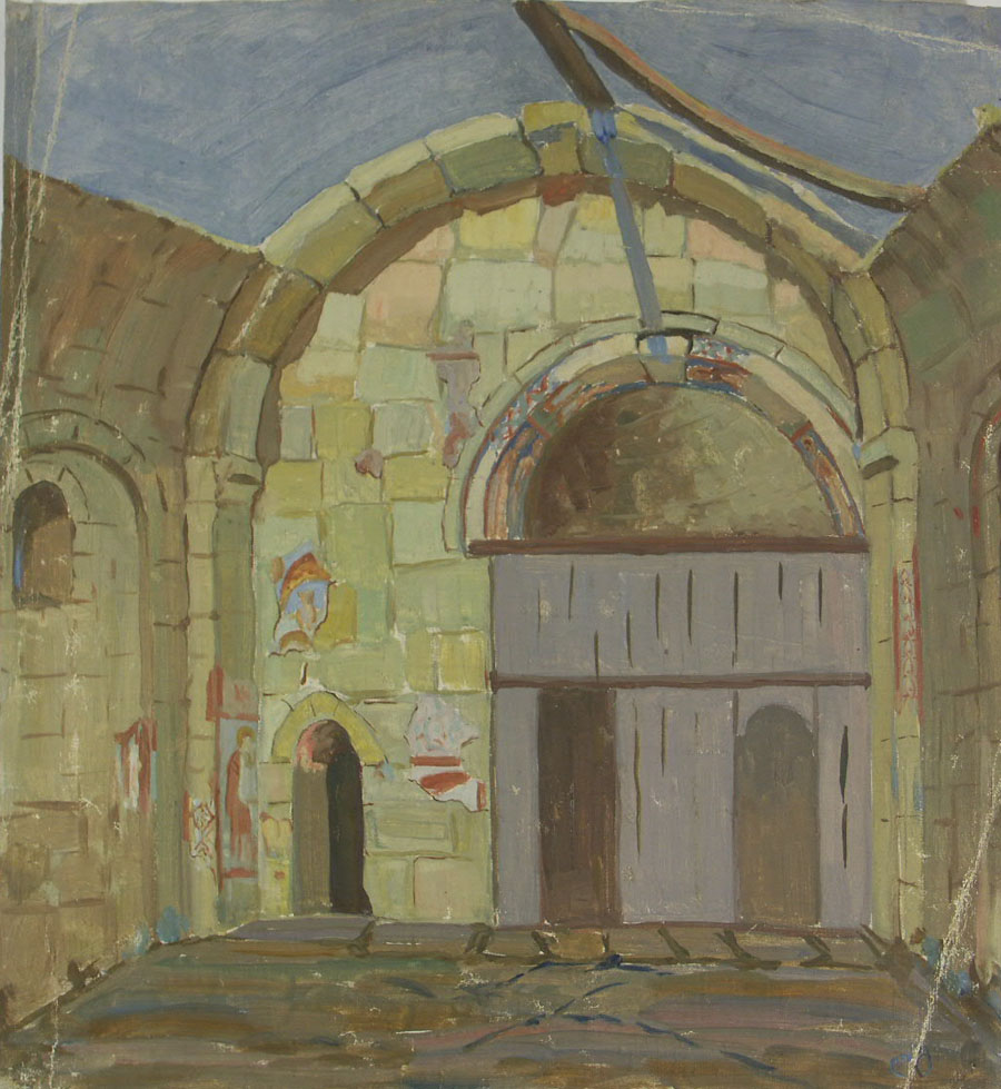 ლადო გუდიაშვილი. ტაძრის შიდა კედელი, 1914, ტილო, ზეთი, 46X43
